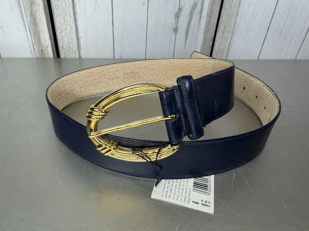 Vintage Liz Claiborne Navy Leather Belt Oval Gold Buckle 90s Classic Size Medium